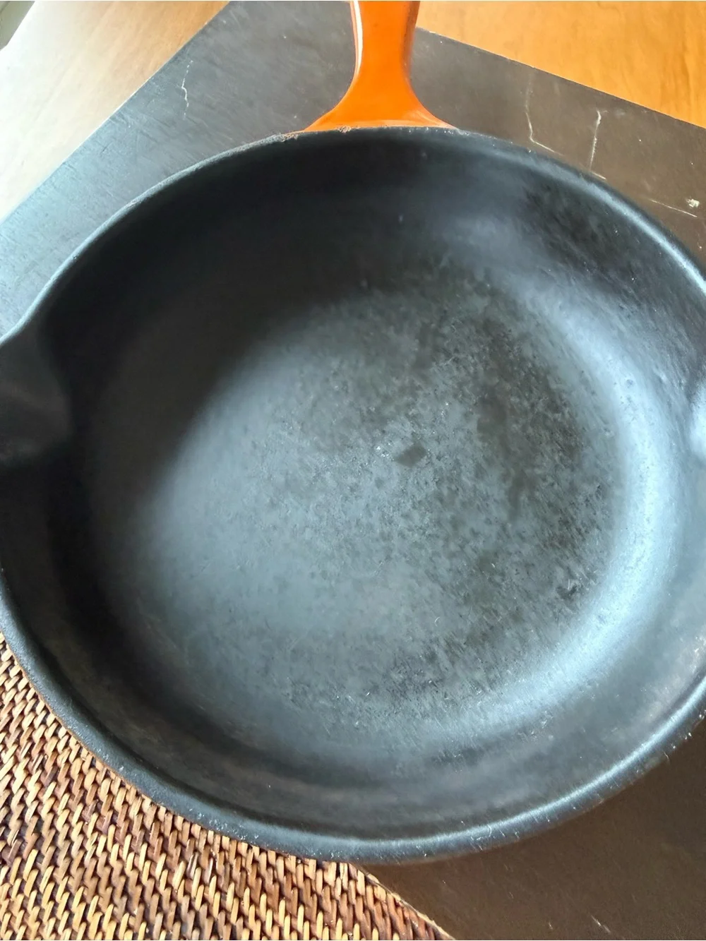 Le Creuset Orange Enameled Cast Iron Skillet. Read about the lid.